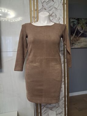 Ann Taylor Brown Suede-Effect Long Sleeve Sheath Dress